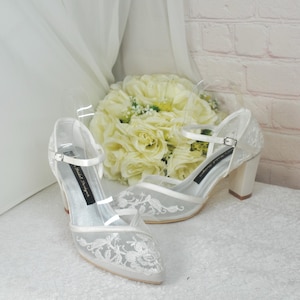 Ivory Satin Bridal Sandals with Embroidery, Wedding Shoes with Ankle Strap, Bridal Shoes with Block Heel, UK7/US9.5