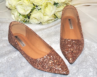 Flat Women's Shoes, Glitter Shoes for Bride, Bridal Flats, Wedding Shoe, Rose Gold Glitter, Black, Gold or Silver Pumps