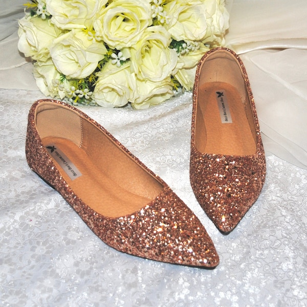 Flat Women's Shoes, Glitter Shoes for Bride, Bridal Flats, Wedding Shoe, Rose Gold Glitter, Black, Gold or Silver Pumps