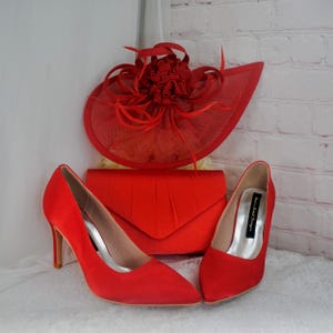 Red Satin Bridal Set: Handmade Heels, Clutch Bag & Fascinator