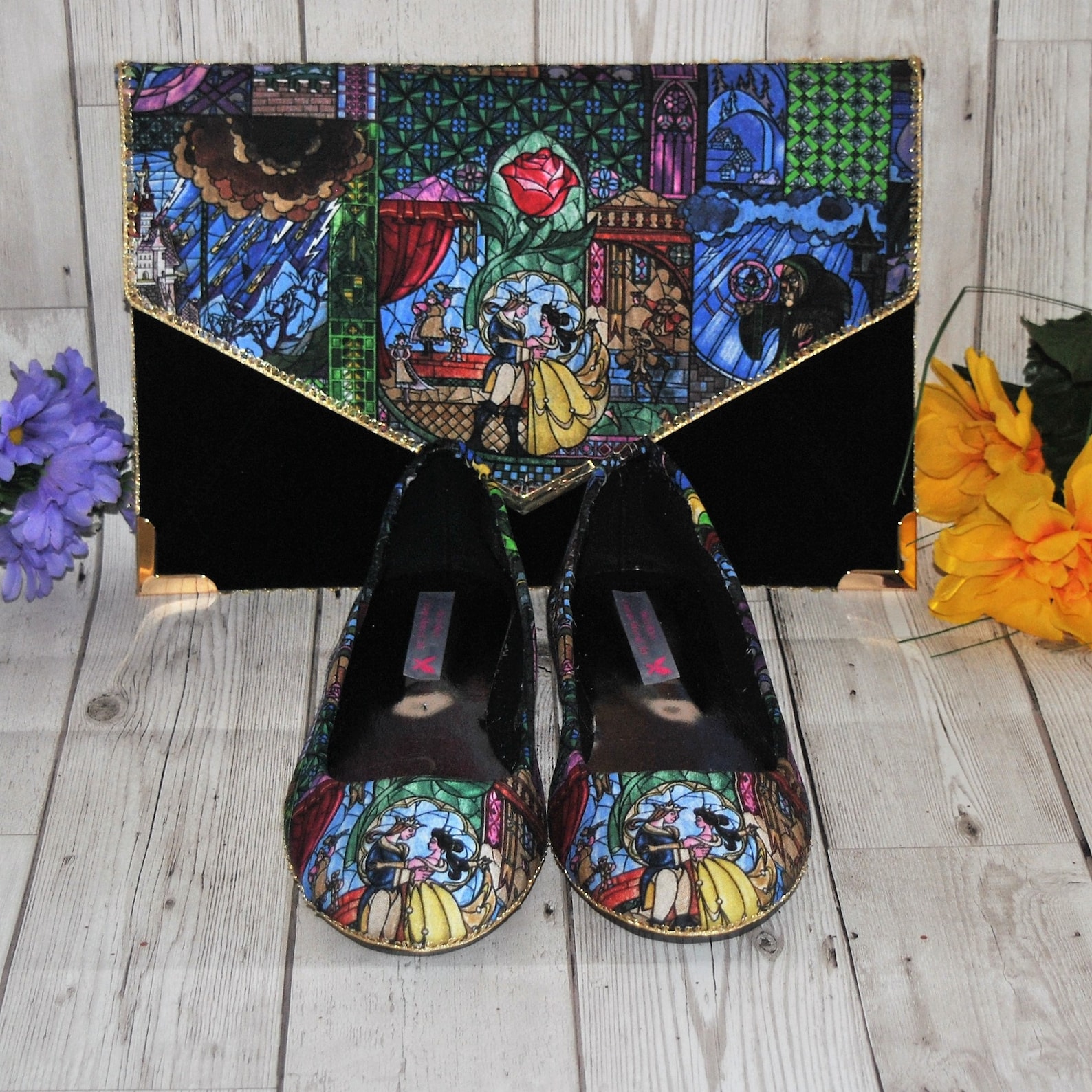 beauty and the beast stained glass fabric ballet flats and clutch bag - wedding party bridesmaid shoes