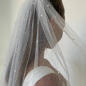 Sparkle Pearl Bridal Veil, 75cm - 300cm Cathedral Veil, Glitter Wedding Veil for Bride, Finger Tip, Chapel, Floor, Waltz Length Veil