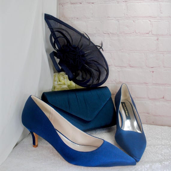 Navy Blue Satin Bridal Set: Heels, Clutch Bag & Fascinator