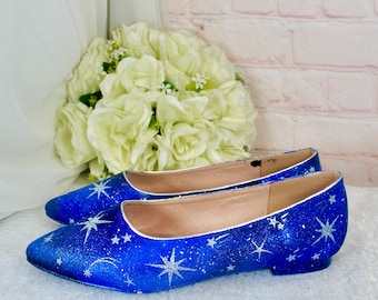 Wedding Satin Ballet Flats, Hand Painted Silver Stars (Blue, Pointed Toe)