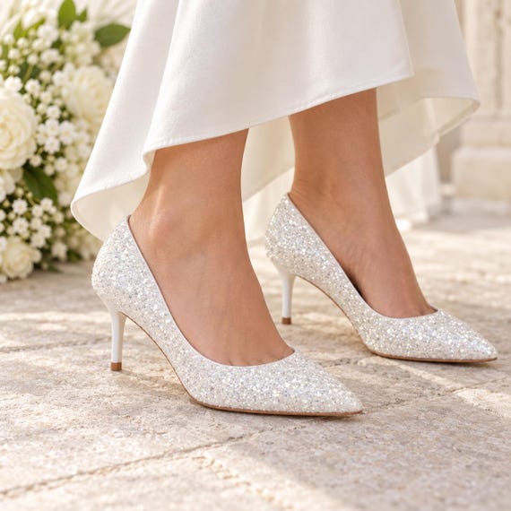 White Glitter Bridal Pumps: Handmade Vegan Wedding Shoes (7cm Heel)