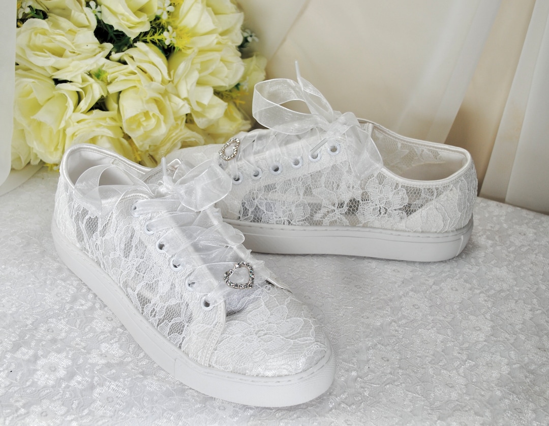 Beautiful White Lace Bridal Shoes Flat Wedding Trainers / - Etsy UK