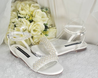 Handmade Pearl Bridal Sandals: White Ivory Wedding Flats