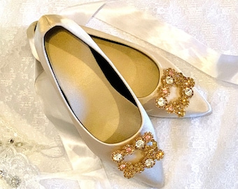 Satin Flat Champagne Shoes Bridal Wedding Shoe for Bride Bridesmaid Hen Do Engagement Party Handmade Vegan Pumps Ballet Flats