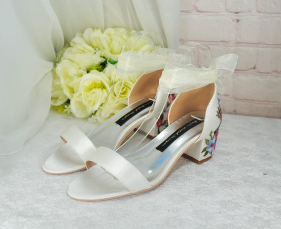 Ivory Satin Bridal Sandals With Floral Embroidery, Low Heel