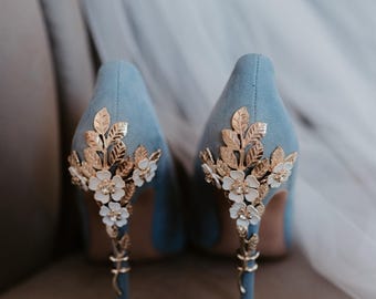 Blue Vegan Suede High Heel Court Shoes with Handmade Cherry Blossom flower Heels
