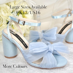 SILK - Blue Wedding Bridal Heels Shoes Bow Block Heel Sandals Bridesmaid Hen Do Engagement Party Something Blue Wide Fit and Large Sizes