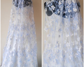 IN STOCK 150cm Flower Floral Veil, Beautiful Wedding Veil with Blue Flowers