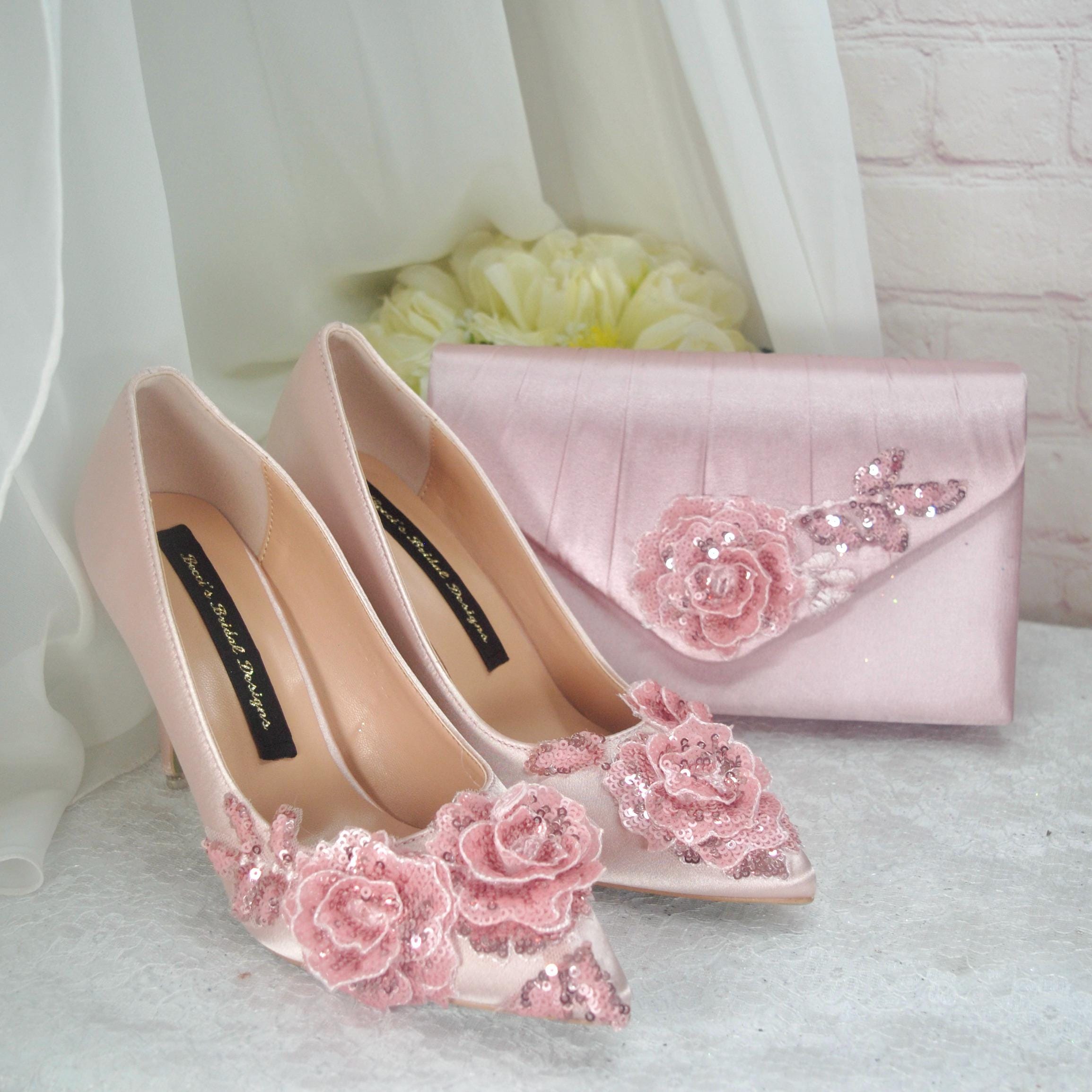 Pink Satin Heels With Sparking Floral Embroidery, Clutch Bag