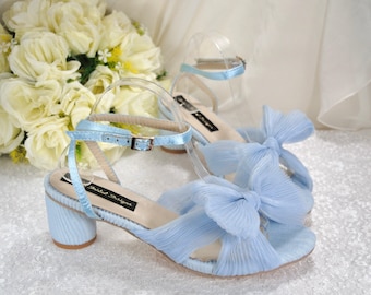 Handmade Bridal Block Heel Sandals: Silk Bow Wedding Shoes