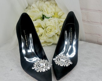 Black Satin Court Shoes: Custom Colour Bridal Shoe with Crystal, High Heel Wedding Pumps