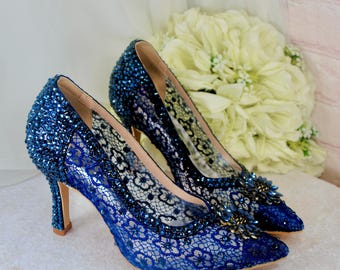 Handmade Navy Satin Bridal Heels, Lace Crystal Shoes