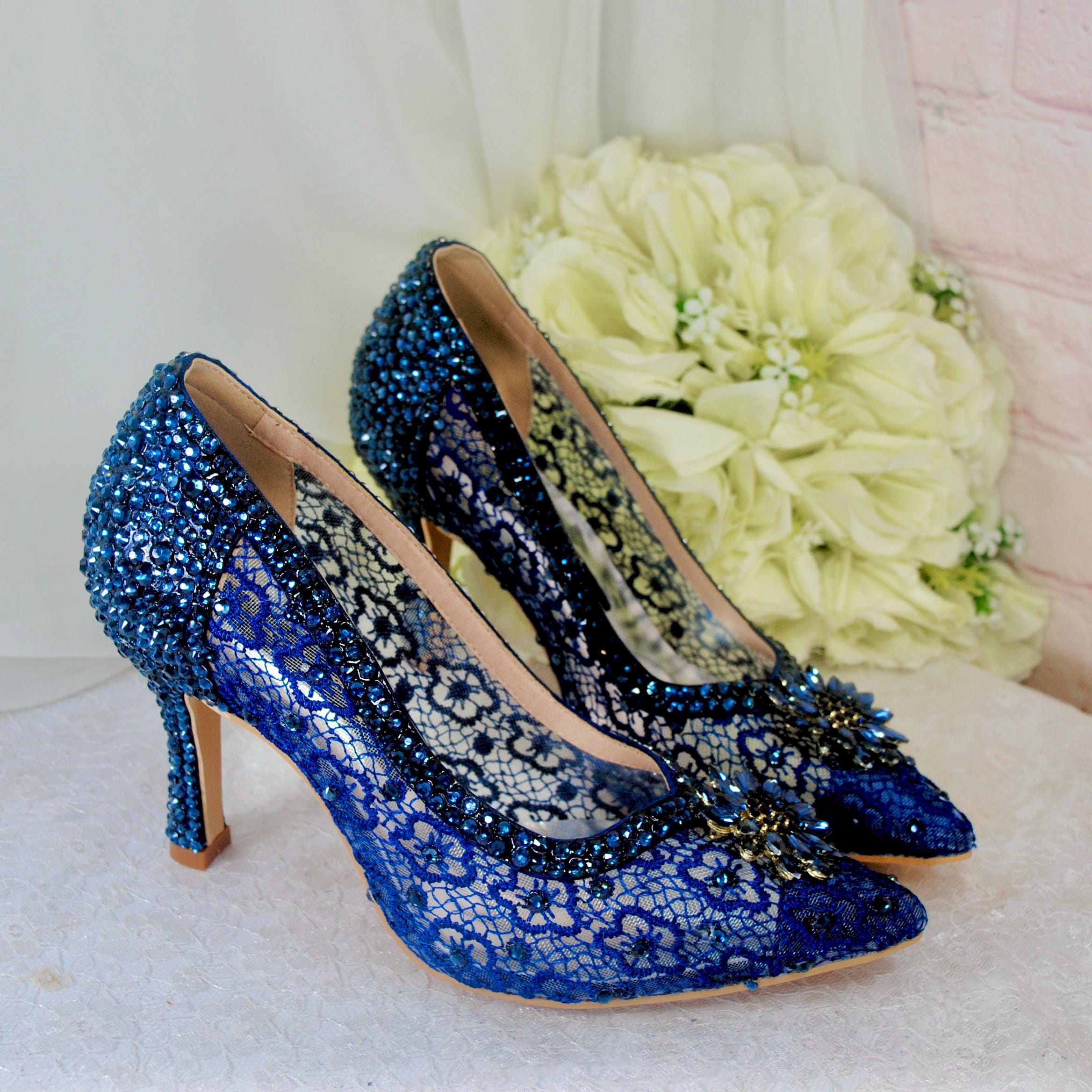 Navy Lace Navy Wedding Flats LADIES NAVY BLUE LACE EMBELLISHE MID
