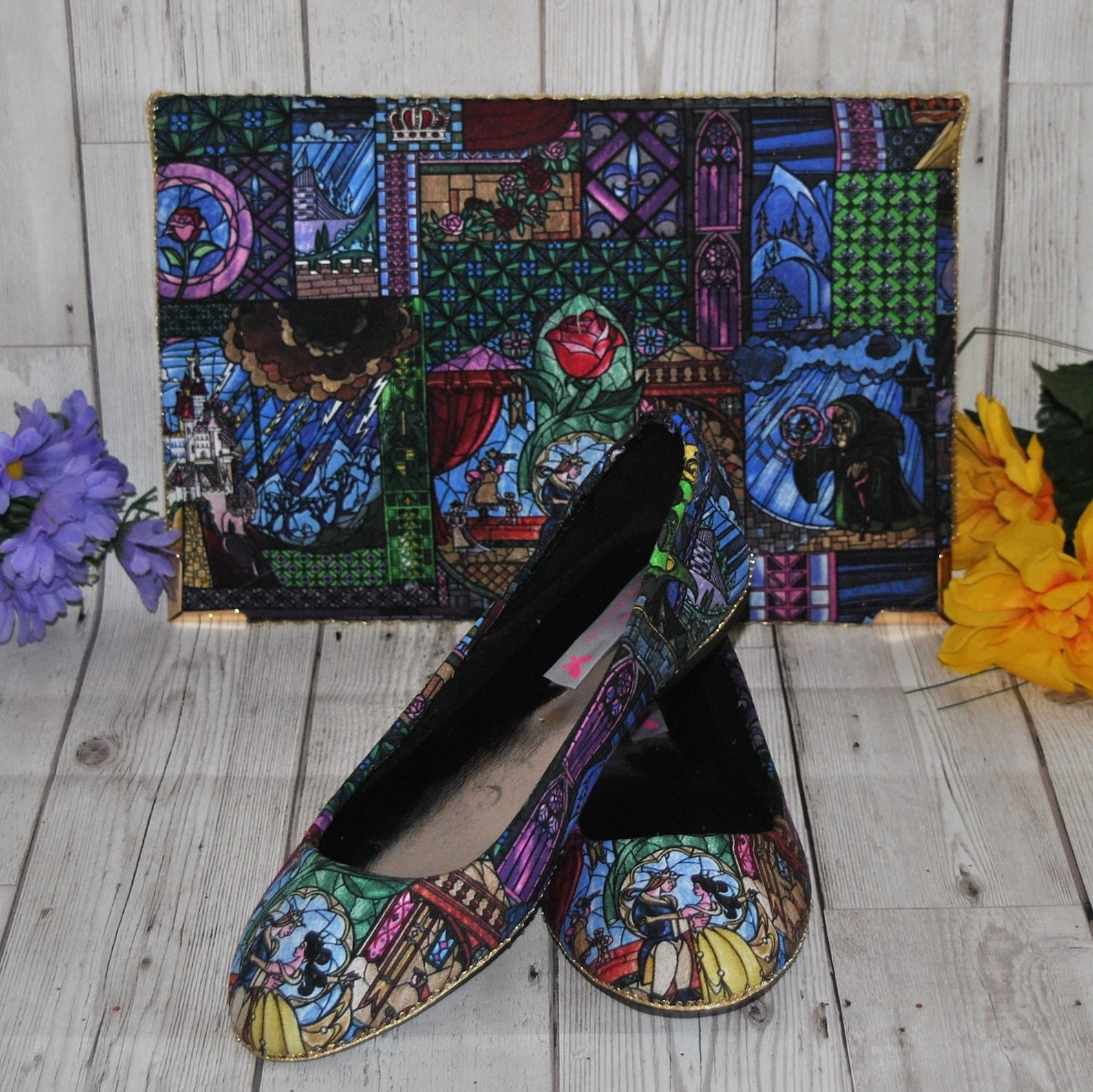 beauty and the beast stained glass fabric ballet flats and clutch bag - wedding party bridesmaid shoes