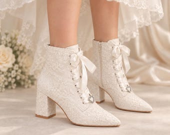 Bridal White Lace Boots: Vintage Block Heel Booties for Weddings Black