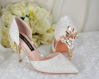 Ivory Shimmer Finish Heels with Gold Details, Flower Blossom