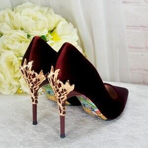 Burgundy Velvet Stiletto Heels with Gold Vine Details, Wine Red Handmade Luxury Bridal Shoes image 8