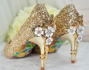 Low Heel Gold Glitter 7cm Cherry Blossom Bridal Shoes with Beauty and the Beast Soles Handmade Wedding Shoe for Bride Bridesmaid Hen Party