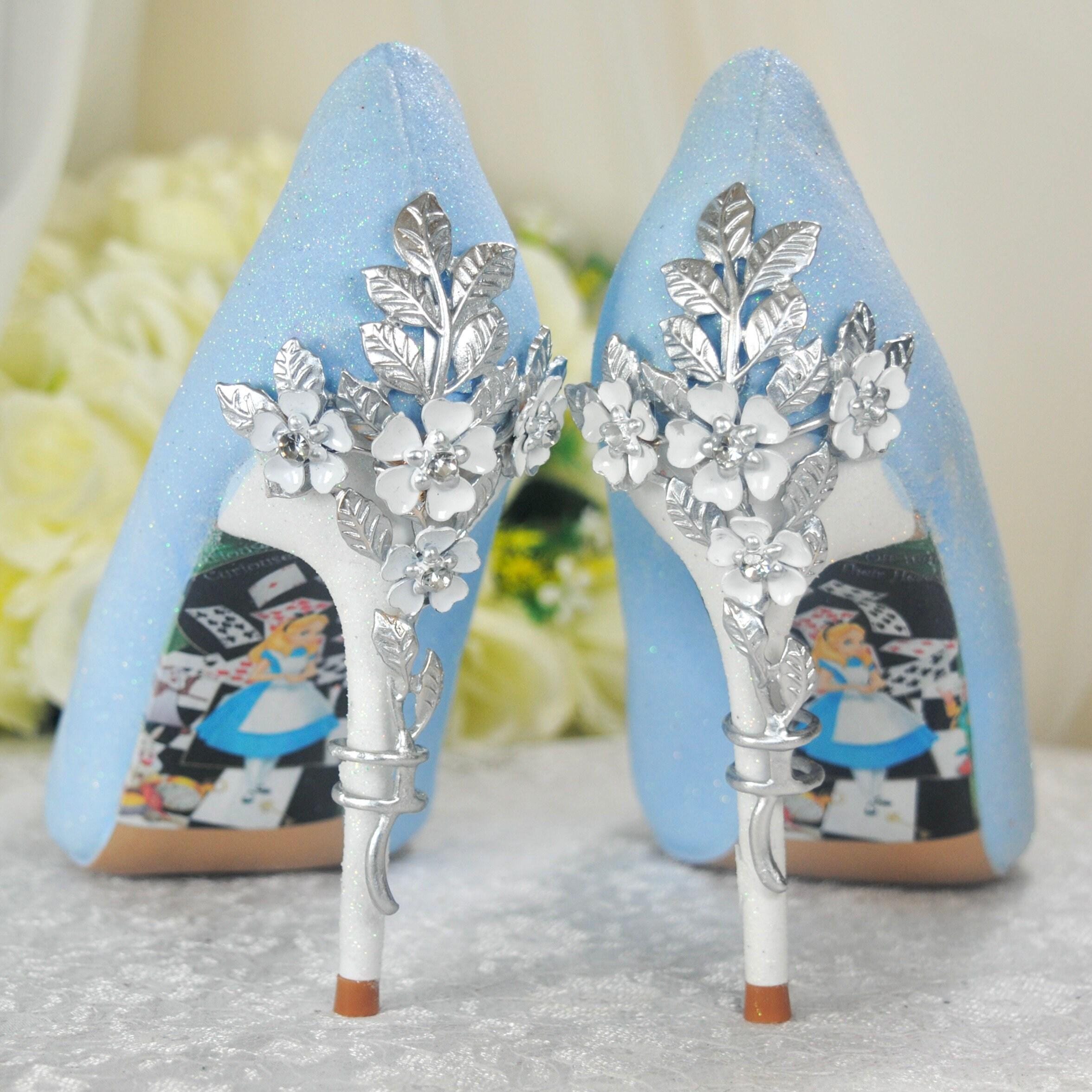Blue Glitter Wedding Shoes: Silver Flower Cherry Blossom Heels, Personalised Sole Bridal Shoes