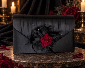 Gothic Black Satin Clutch Bag – Dark Red Velvet Rose Alternative Bridal Purse