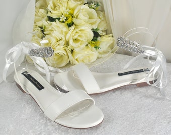 Sandalias planas blancas o marfil - Zapatos de novia de boda Sandalias planas Dama de honor Despedida de soltera Fiesta de compromiso