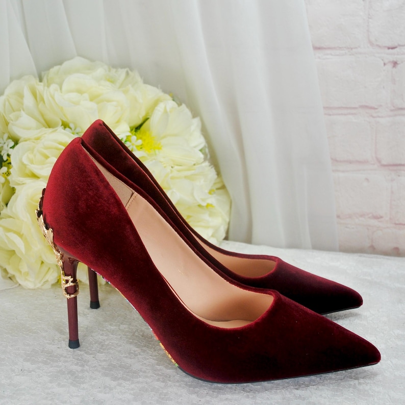 Burgundy Velvet Stiletto Heels with Gold Vine Details, Wine Red Handmade Luxury Bridal Shoes image 7