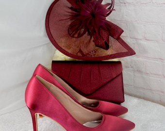 Burgundy Red Satin Heel & Clutch Set: Handmade Wedding Shoes