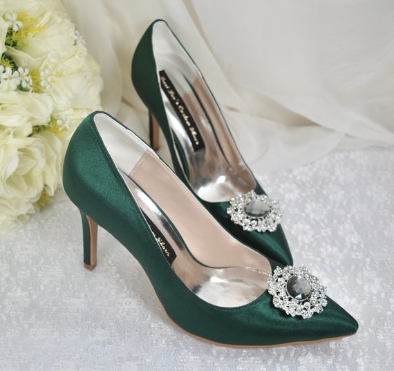 Green Satin Wedding Shoe With Crystal Embellishment Emerald 