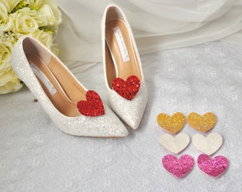 Glitter Heart Shoe Clips - Handmade Bridal Brooches for Wedding Shoes, Bridesmaid Heels, Party Flats, Shoe Accessory Red White Pink Gold