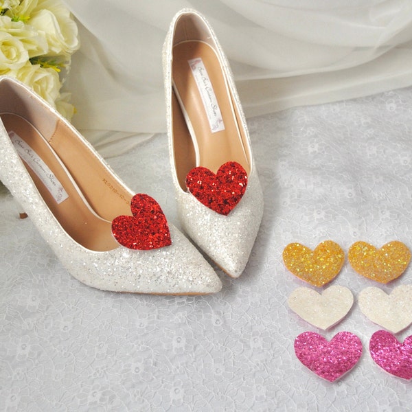 Glitter Heart Shoe Clips - Handmade Bridal Brooches for Wedding Shoes, Bridesmaid Heels, Party Flats, Shoe Accessory Red White Pink Gold