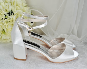Wedding Sandals Block Heels Bridal Shoes for Bride, Bridesmaids with Ankle Strap Shoe
