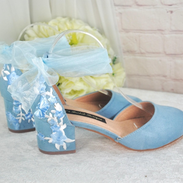 Blue Suede Bridal Sandals: Floral Embroidered Wedding Shoes