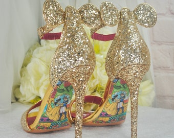 Sandalias nupciales con purpurina dorada, tacones altos con orejas de ratón. Zapatos de boda de Disney, novia dama de honor despedida de soltera ducha de compromiso