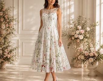Bridal White Floral Embroidered Tea-Length Dress | Pink, Lilac, Blue, Champagne