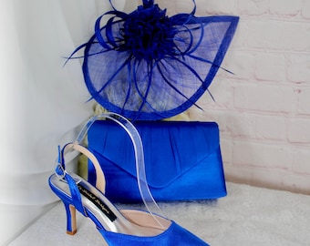heels that go with royal blue dress Satin Sling Back Heels, Clutch & Fascinator Set: Handmade Wedding Guest Outfit Cotton On - Linen StyleCode:ACG09 Size:ADULT S/M