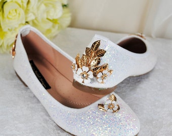 Wide Fit Glitter Ballet Flats: White Cherry Blossom Wedding Shoes