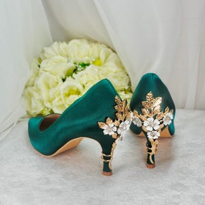 Emerald Green Satin Heels: Cherry Blossom Wedding Shoes - UK6/US8.5