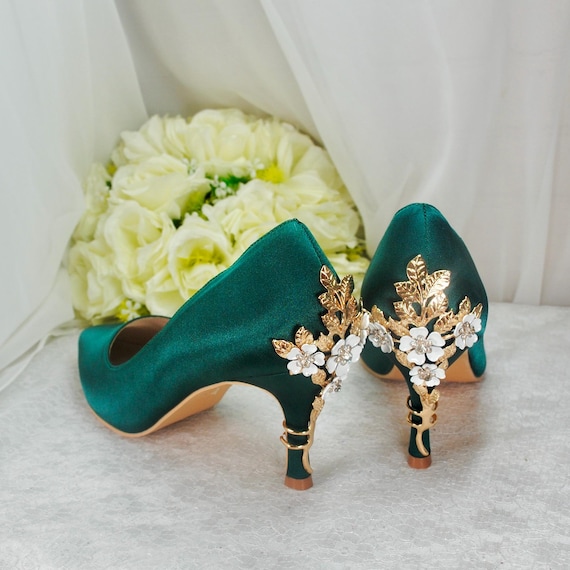 green dress rose gold shoes Emerald Satin Bridal Shoes: Floral Blossom Heel Pre-owned Watches