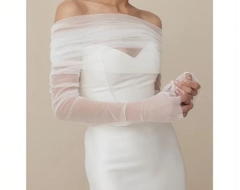 Voile de mariage alternatif, couverture de robe de mariée en tulle doux, boléro ivoire ou blanc et ensemble de gants, haut de forme pour robe de mariée