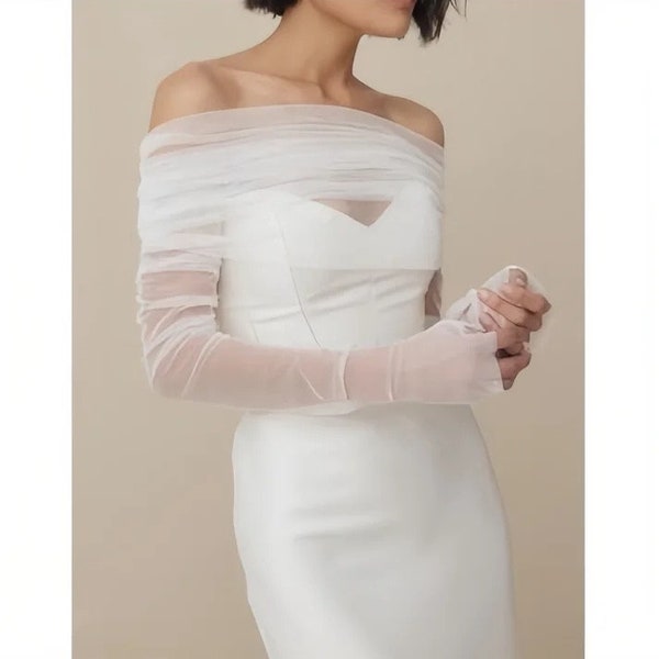 Voile de mariage alternatif, couverture de robe de mariée en tulle doux, boléro ivoire ou blanc et ensemble de gants, haut de forme pour robe de mariée