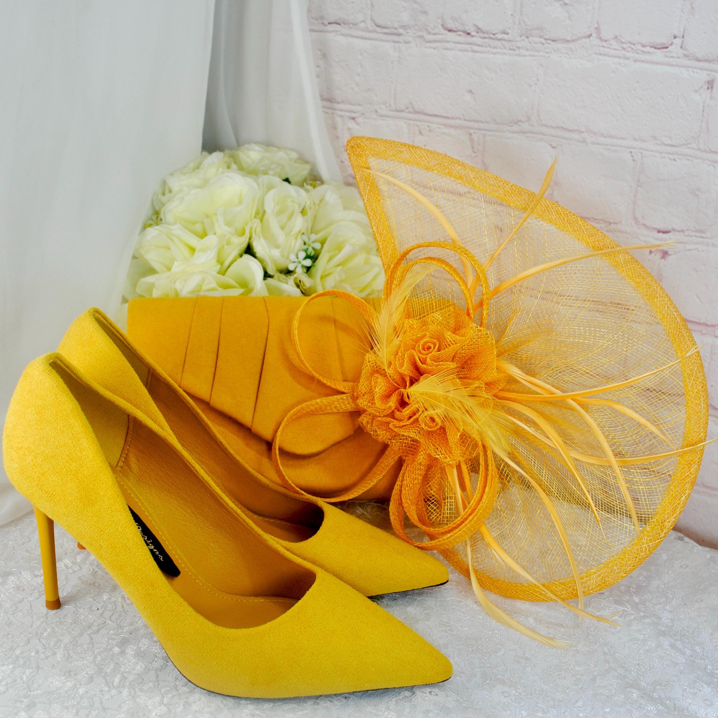 Mustard Yellow Suede Bridal Set: Heels, Clutch Bag & Fascinator