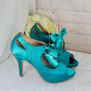 Teal Satin Ribbon Tie Heels: Peep Toe Bridal Booties