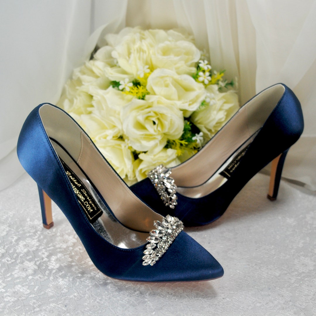 navy blue satin pumps