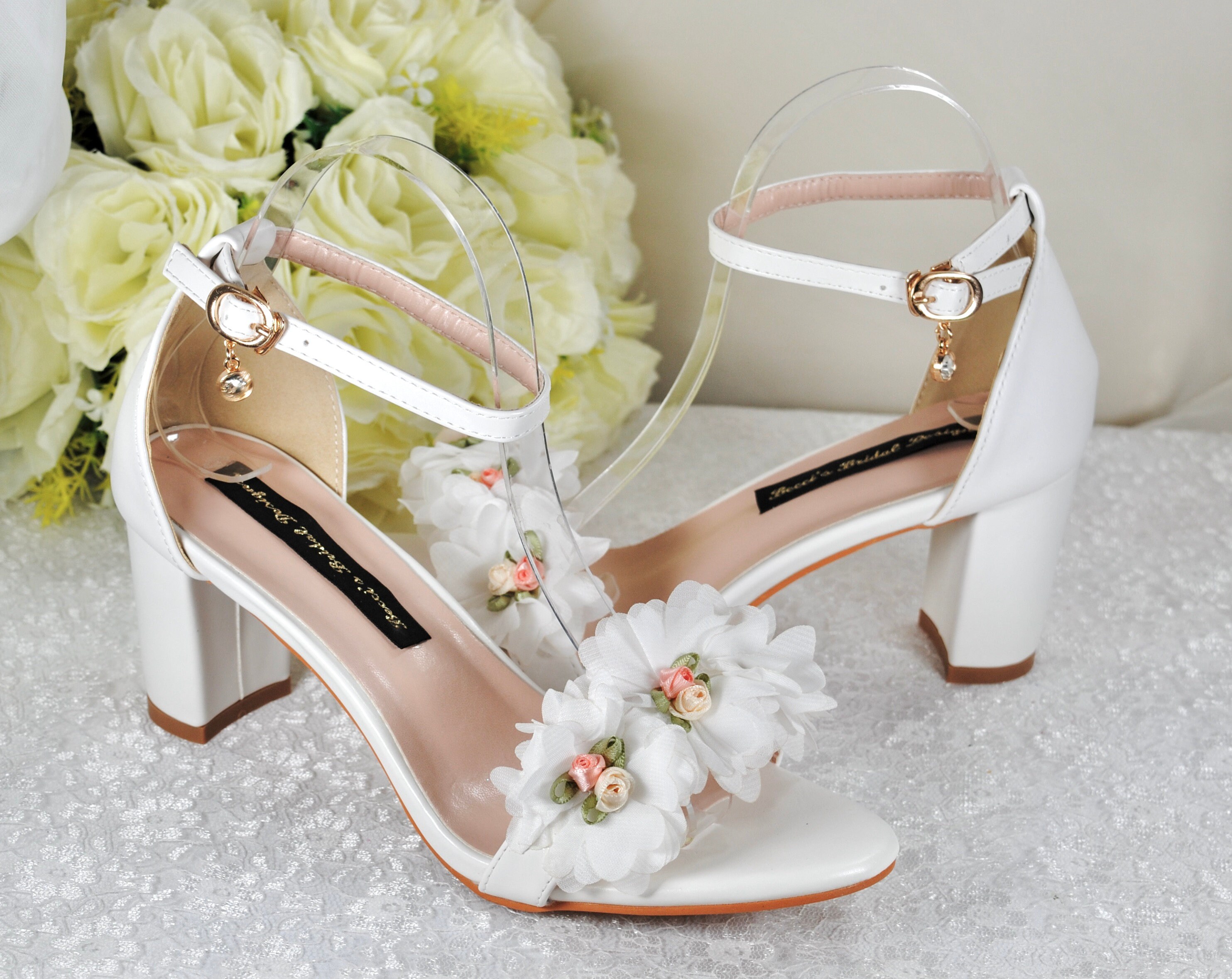 White Block Heel Floral Sandals Bridal Wedding Heels Shoes for Bride Bridesmaid Hen Do Engagement Party Handmade Vegan Pumps Etsy UK