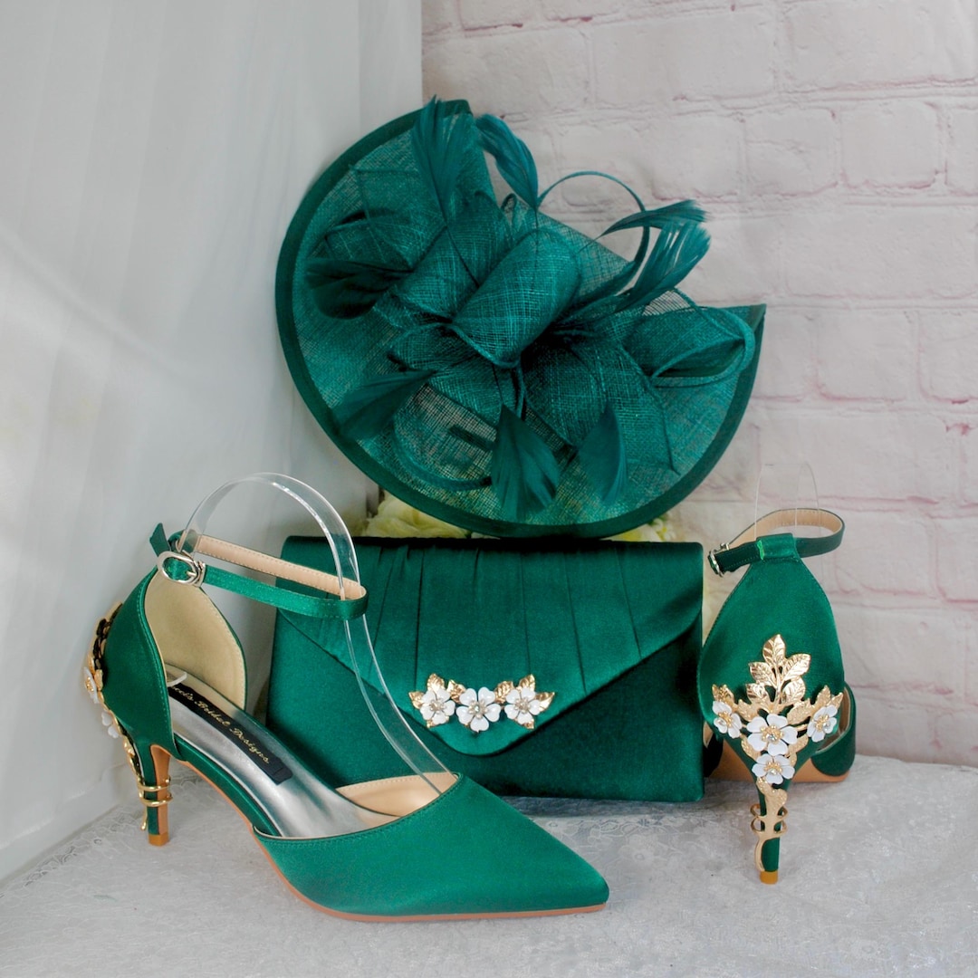 Emerald Green Satin Heel, Clutch, Fascinator Set, Wedding Guest