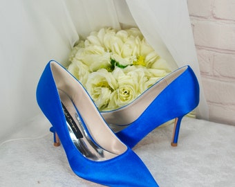 Blue Satin Court Shoes: Pointed Toe Bridal Shoe, Stiletto Heel Handmade Vegan Wedding Heels